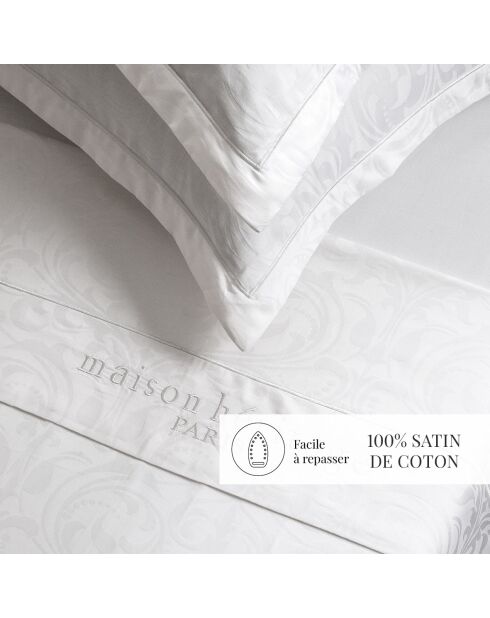 Parure petit drap plat + drap housse + taies rectangles satin de coton tissé Jacquard Baroque blanc
