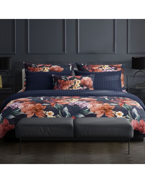 Funda de almohada de satén de algodón con flores de miel azul oscuro