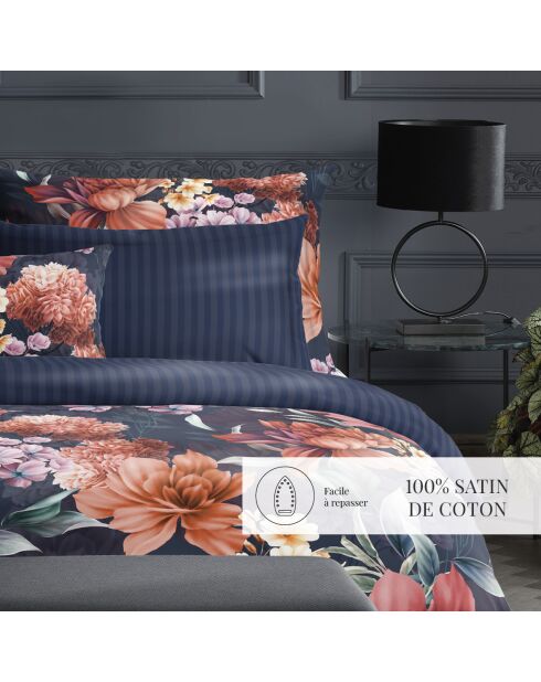 Funda de almohada de satén de algodón con flores de miel azul oscuro