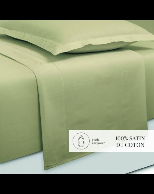 Parure petit drap plat + drap housse + taies rectangles satin de coton uni vert 07