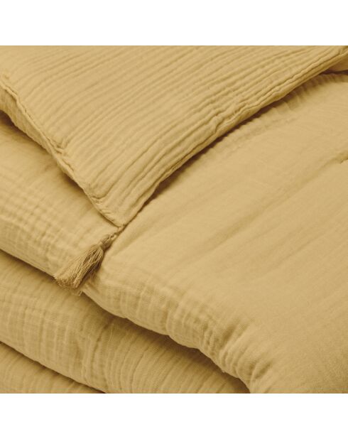 Steppdecke mit Quasten Baumwollgaze Uni gelb 04- 140x200 cm