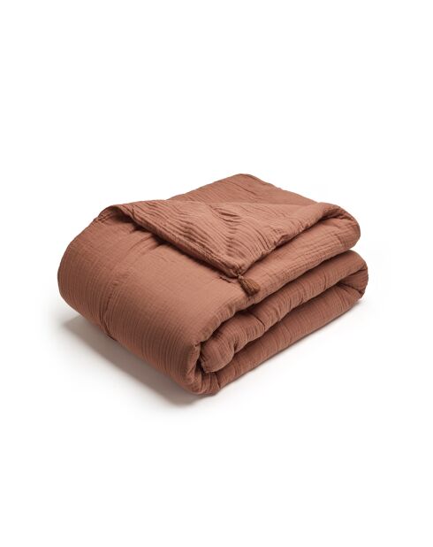 Steppdecke mit Quasten Baumwollgaze Uni Terrakotta 02 - 140x200 cm