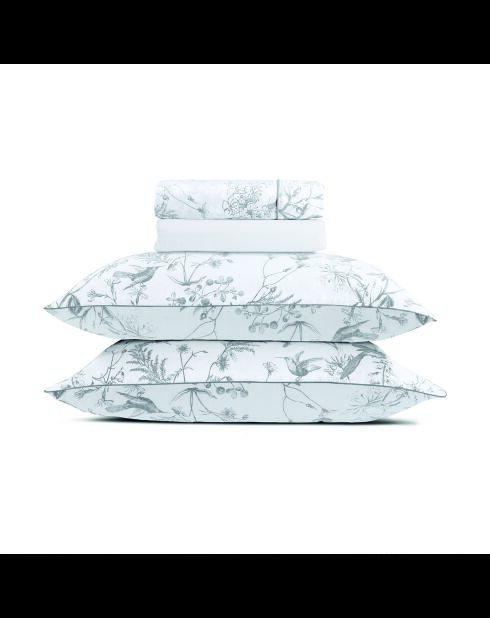 Maxi-Set Bettlaken + Spannbetttuch + quadratische Kissenbezüge aus Baumwollsatin quadratische Kissenbezüge Colibri Blumen schwarz und grau