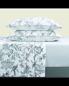 Maxi-Set Bettlaken + Spannbetttuch + quadratische Kissenbezüge aus Baumwollsatin quadratische Kissenbezüge Colibri Blumen schwarz und grau