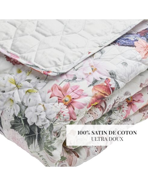 Couvre-lit satin de coton Fleurs éclatantes blanc - 220x250 cm