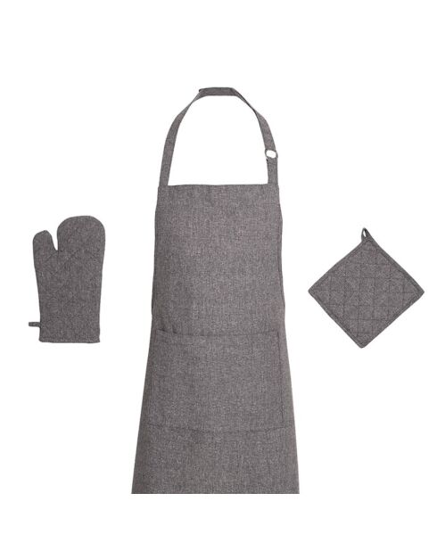 Delantal, guante de cocina y agarradera de algodón gris - 60x90 cm + 17x32 cm + 20x20 cm