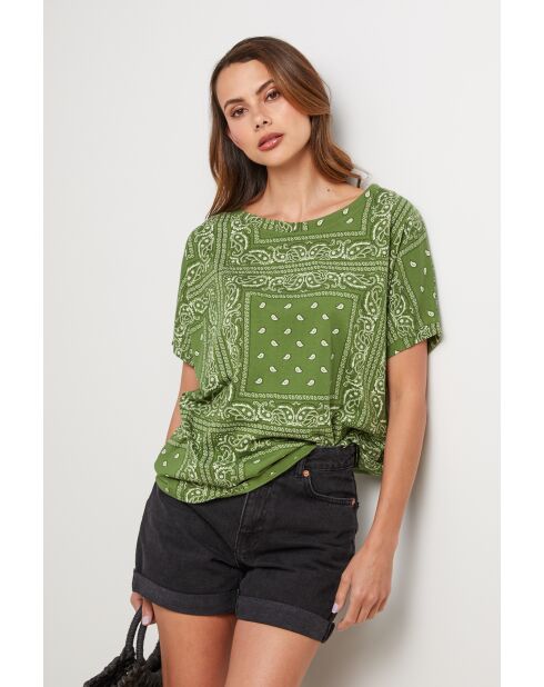 Grünes Bandana-T-Shirt aus Baumwolle mit Raubtiermotiv