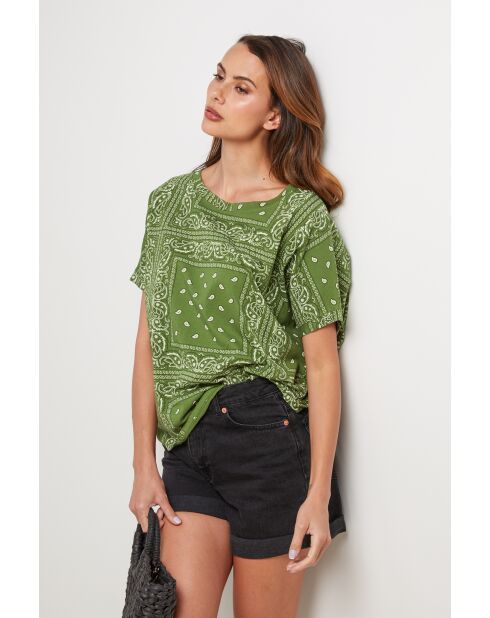 Grünes Bandana-T-Shirt aus Baumwolle mit Raubtiermotiv