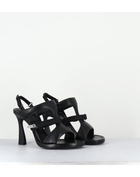Schwarze Ledersandale mit Riemen - 10 cm Absatz