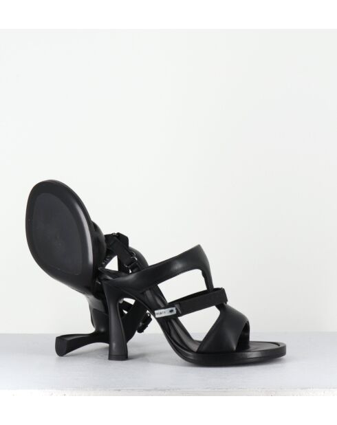 Schwarze Ledersandale mit Riemen - 10 cm Absatz