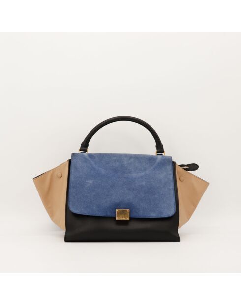 Borsa in pelle trapezoidale nera/blu/beige - Ottime condizioni - 30x24x17 cm