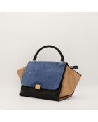 Borsa in pelle trapezoidale nera/blu/beige - Ottime condizioni - 30x24x17 cm