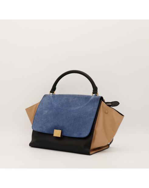 Borsa in pelle trapezoidale nera/blu/beige - Ottime condizioni - 30x24x17 cm