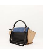 Borsa in pelle trapezoidale nera/blu/beige - Ottime condizioni - 30x24x17 cm