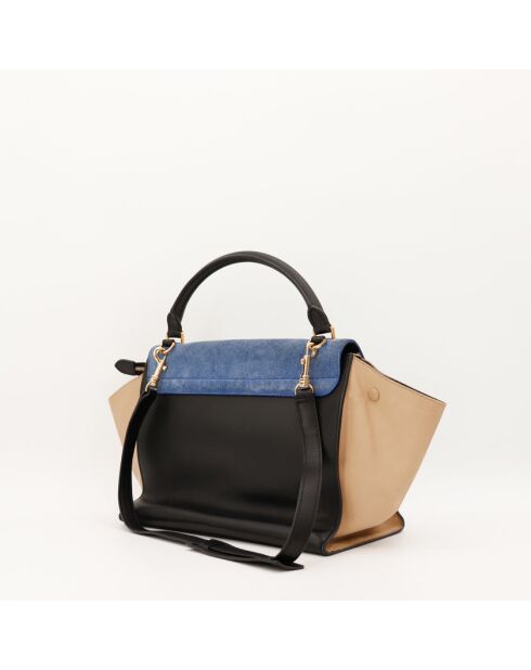 Borsa in pelle trapezoidale nera/blu/beige - Ottime condizioni - 30x24x17 cm