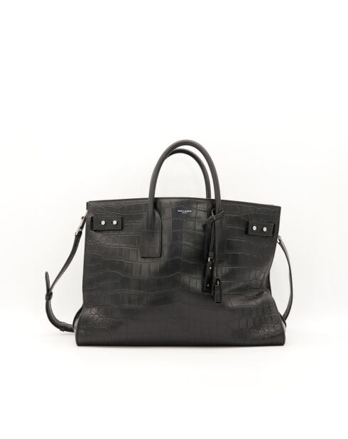 Schwarze Tagestasche aus Leder mit Krokodilprägung - Sehr guter Zustand - 36x25x17 cm