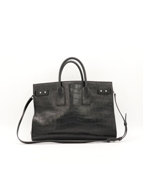Schwarze Tagestasche aus Leder mit Krokodilprägung - Sehr guter Zustand - 36x25x17 cm