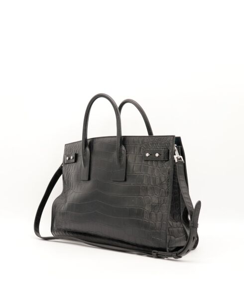 Schwarze Tagestasche aus Leder mit Krokodilprägung - Sehr guter Zustand - 36x25x17 cm