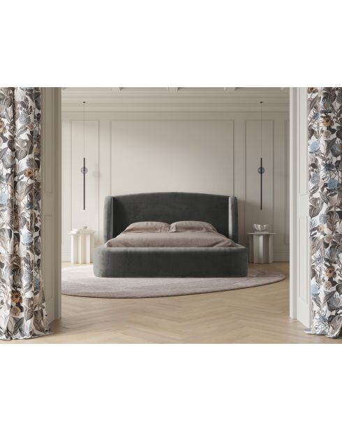 Bett mit hellgrauem Samtkopfteil - 103x216x202 cm