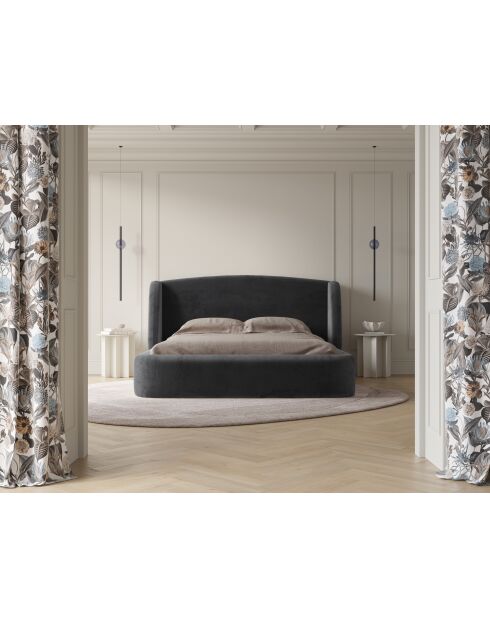 Lit avec tête de lit en velours grise - 103x216x182 cm
