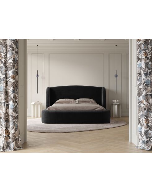 Lit avec tête de lit en velours noir - 103x216x242 cm