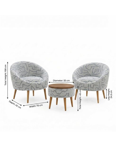 Ensemble 2 fauteuils et table basse 3 pièces Lida Weave Bleu foncé blanc