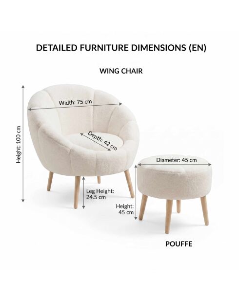 Ensemble fauteuil et pouf 2 pièces Lida blanc