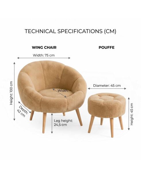 Ensemble fauteuil et pouf 2 pièces Lida brun