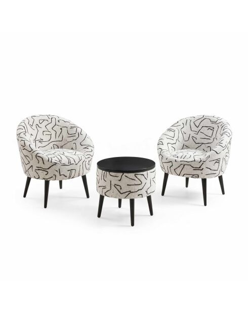 Set 2 poltrone e tavolino Lida 3 pezzi nero bianco