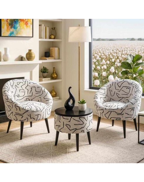 Set 2 poltrone e tavolino Lida 3 pezzi nero bianco
