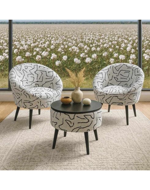 Set 2 poltrone e tavolino Lida 3 pezzi nero bianco