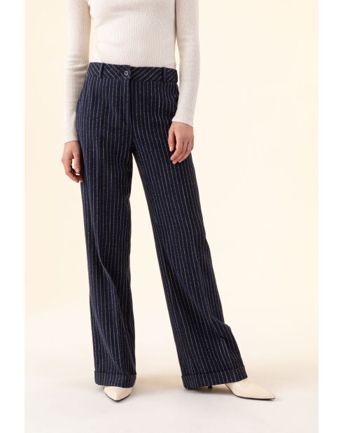 Gestreifte Lino-Hose in Marineblau/Ecru