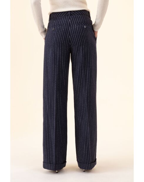 Gestreifte Lino-Hose in Marineblau/Ecru