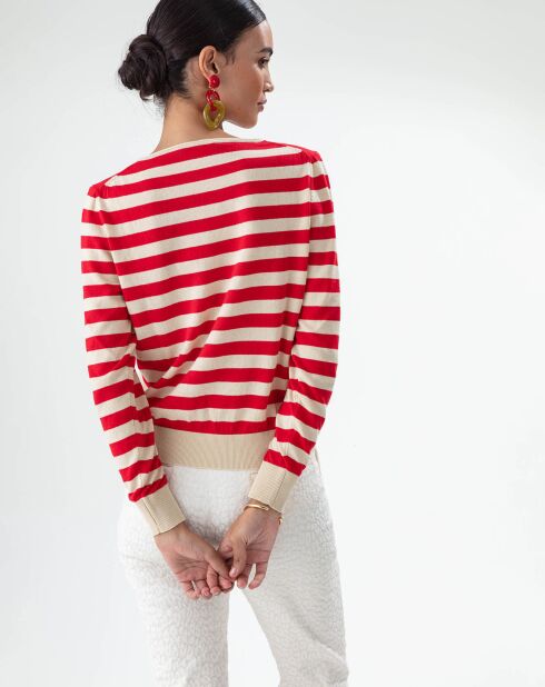 Gestreifter Pullover mit Katzenmotiv in Vanille/Zinnoberrot