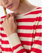 Gestreifter Pullover mit Katzenmotiv in Vanille/Zinnoberrot