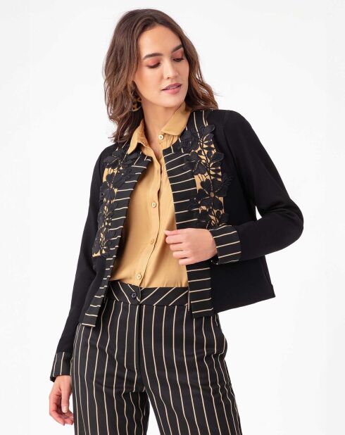Carmen-Strickjacke schwarz/beige gestreift