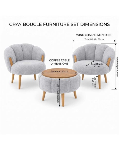 Set aus 2 Sesseln und Couchtisch 3 Stück Star Grey