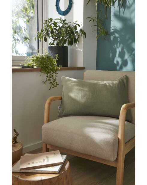 Coussin déhoussable avec passepoil gaze de coton unie Gaïa kaki - 40 x 60 cm