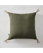 Coussin déhoussable avec pompons lin lavé Soline kaki - 45 x 45 cm