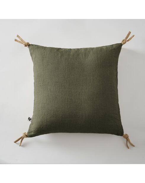 Coussin déhoussable avec pompons lin lavé Soline kaki - 45 x 45 cm