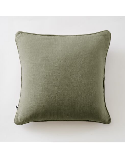 Coussin déhoussable avec passepoil gaze de coton unie Gaïa kaki - 45 x 45 cm