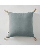 Coussin déhoussable avec pompons lin lavé Soline bleu - 45 x 45 cm