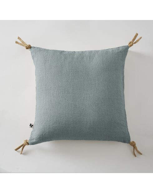 Coussin déhoussable avec pompons lin lavé Soline bleu - 45 x 45 cm
