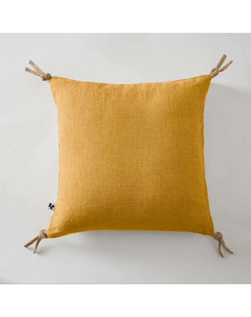Abnehmbares Kissen mit Pompons aus gewaschenem Leinen Soline gelb - 45 x 45 cm