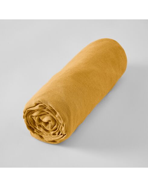 Soline hoeslaken in geel gewassen linnen