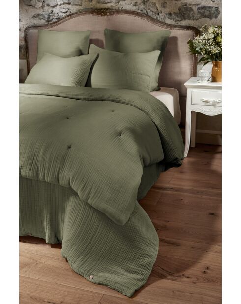 Bout de lit gaze de coton unie Ina kaki - 90 x 220 cm