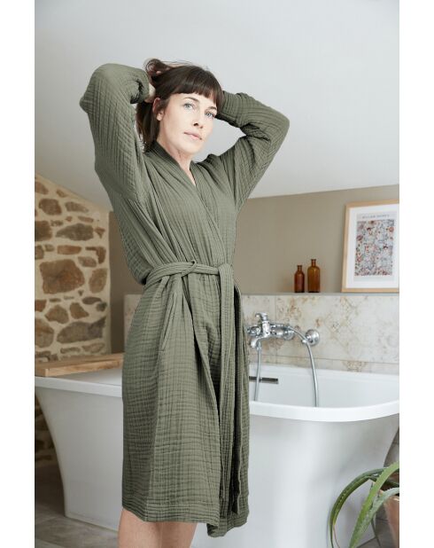 Peignoir kimono mixte gaze de coton unie Gaïa kaki
