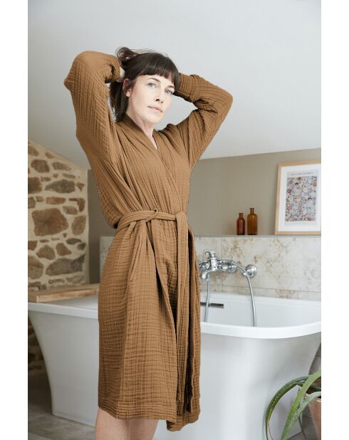 Peignoir kimono mixte gaze de coton unie Gaïa marron