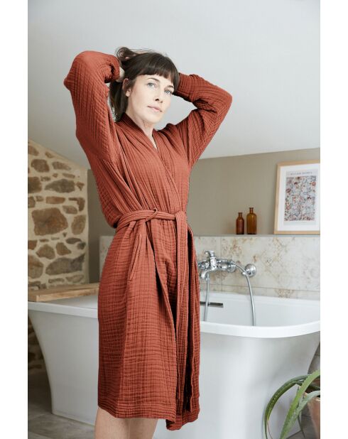 Peignoir kimono mixte gaze de coton unie Gaïa orange