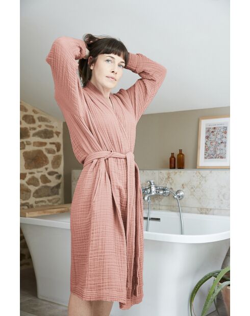 Peignoir kimono mixte gaze de coton unie Gaïa rose